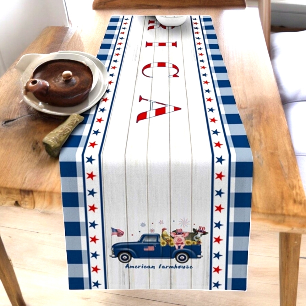 Patriotic vintage truck farmhouse summer table runner 13x90 NEW